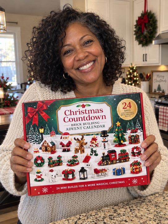 Woman in a cream sweater holding a Christmas brick advent calendar in a festive kitchen.