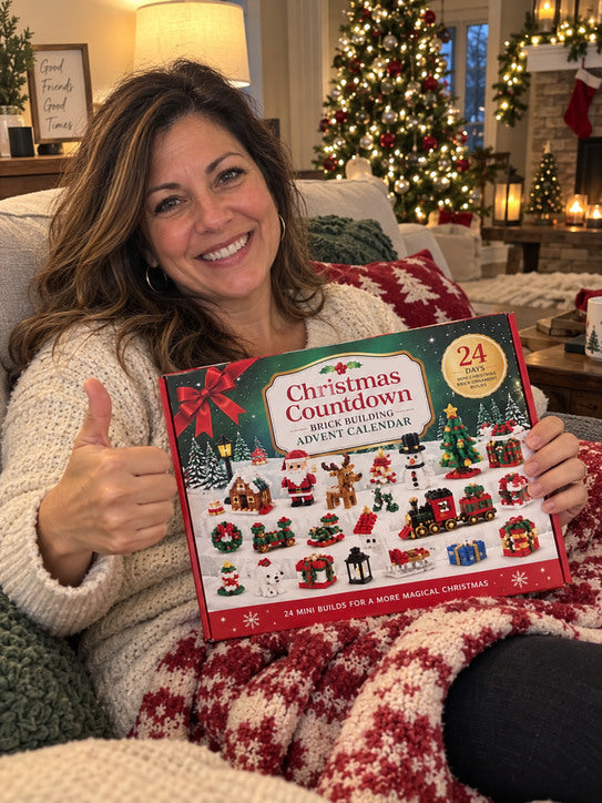 Woman in a festive living room giving a thumbs-up while holding a countdown calendar.