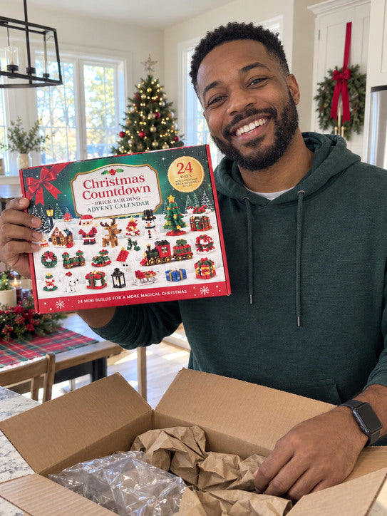 Man in a green sweatshirt holding a Christmas countdown calendar over an open shipping box.