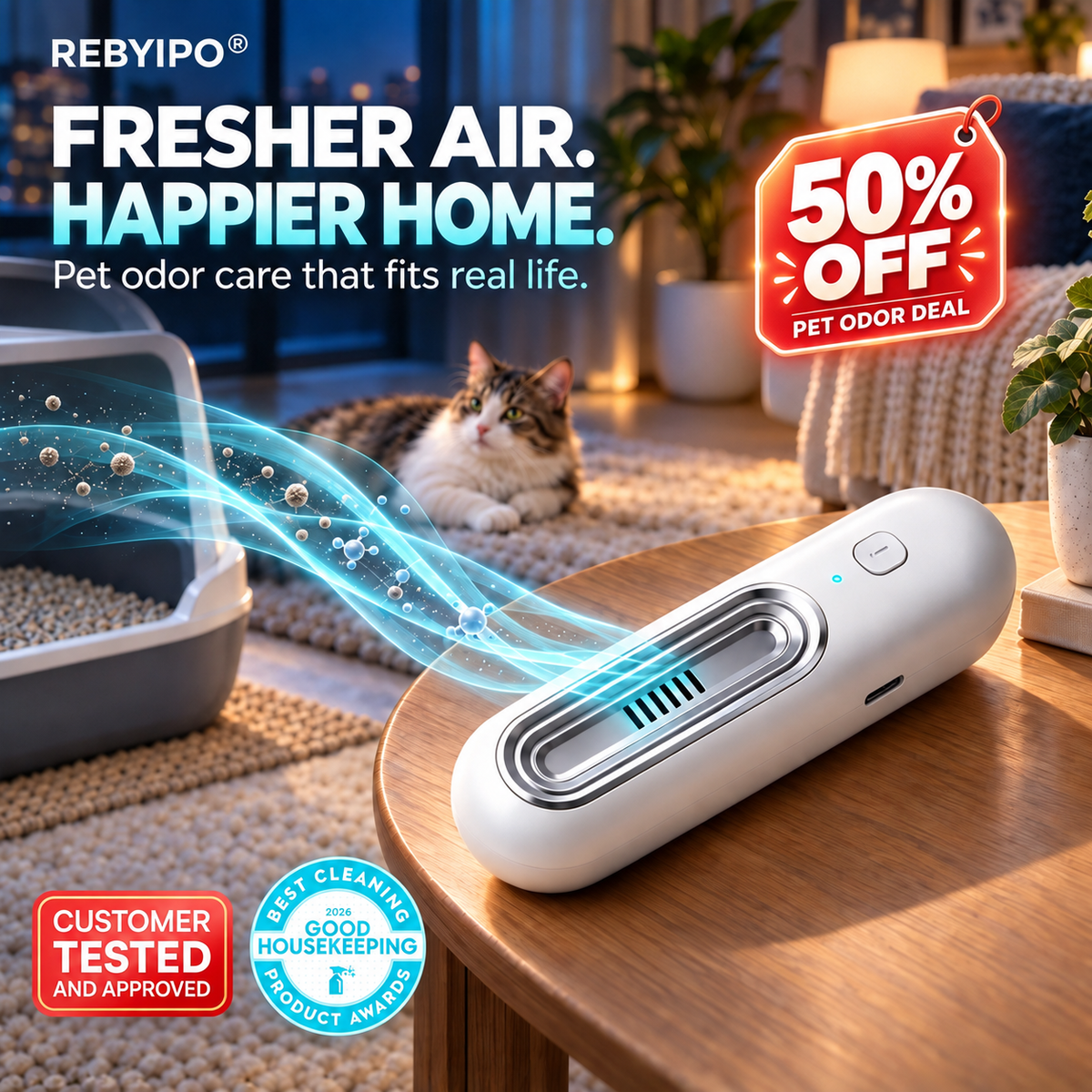 💥Last day 50% off丨 REBYIPO® UV-C molecular-level pet odor eliminator eliminates odors at the source—no sprays or filter cartridges required